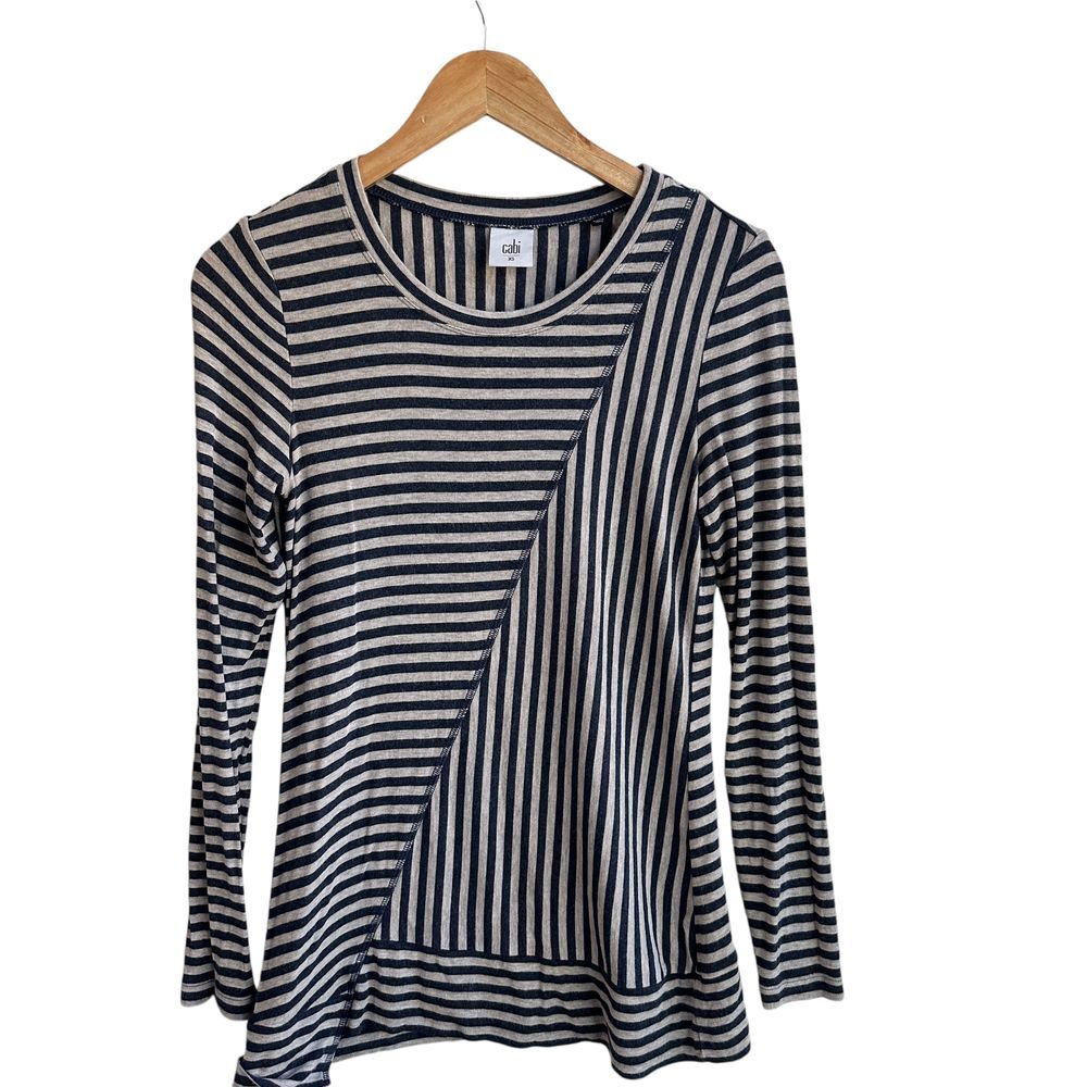 Cabi Ernet Top Navy/Oatmeal Striped Nautical Long Sleeve Tunic #3228 ‎ XS